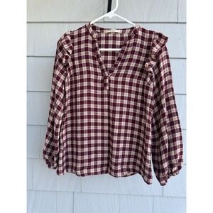 Marine Layer Plaid Flannel Top – Ruffle Shoulders, Size Small, Cozy Winter Style